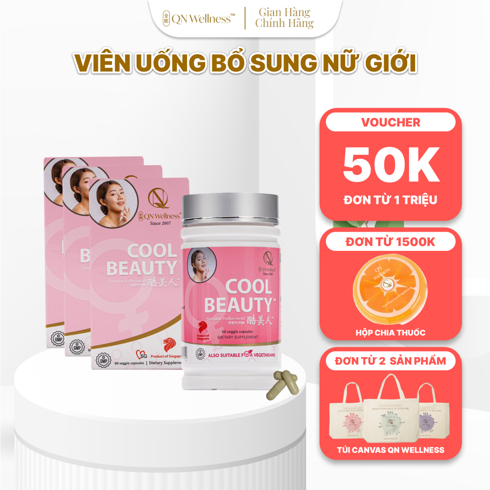 Combo Siêu Ưu Đãi Viên Uống Bổ Sung Cho Nữ Giới Cool Beauty QN Wellness Chiết Xuất Cây Dong Riềng, Giúp Làn Da Khỏe Mạnh, Hỗ Trợ Giấc Ngủ Ngon, Duy Trì Sức Khỏe Xương Khớp, Cải Thiện Trao Đổi Chất - Hộp 60 Viên x 3