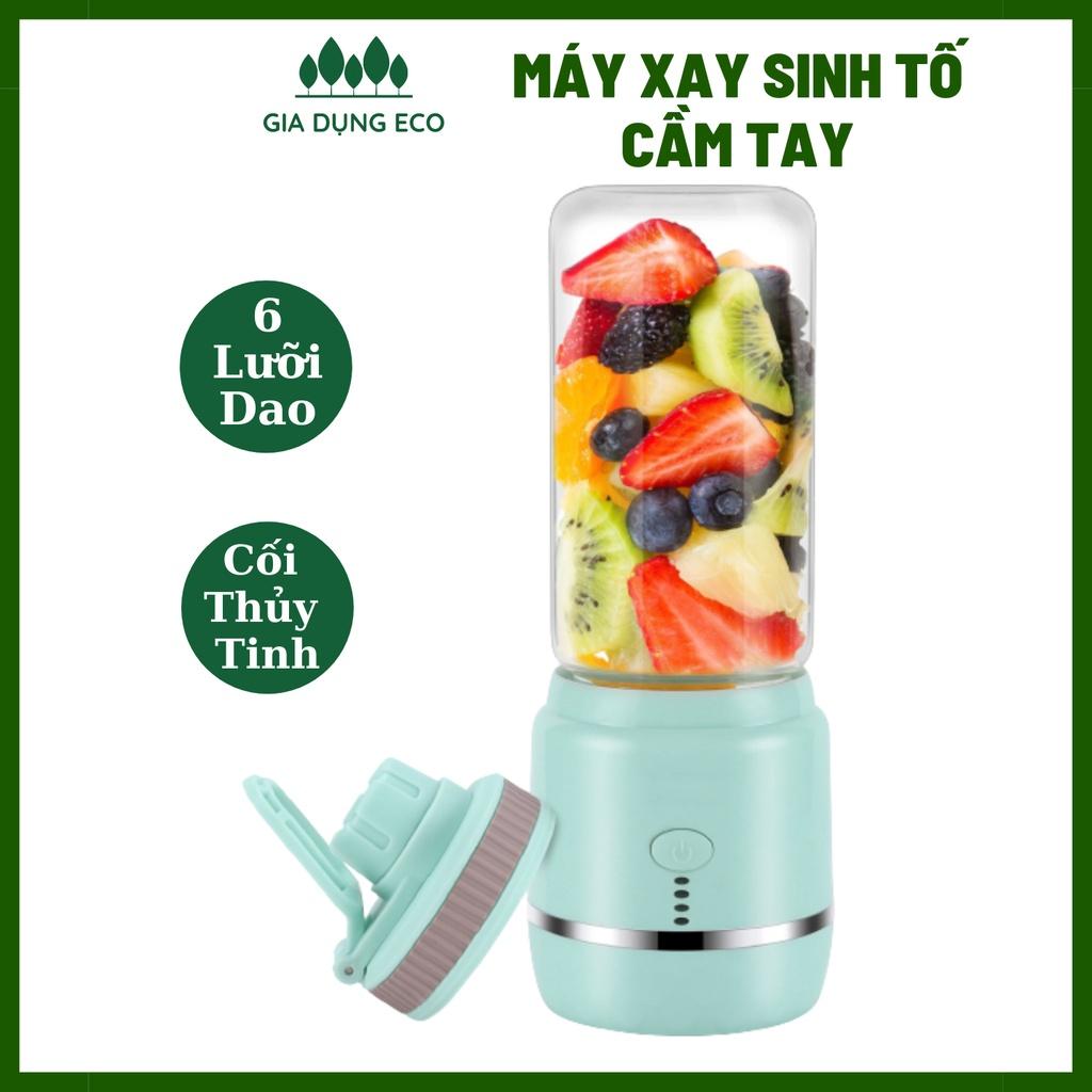 Máy Xay Sinh Tố Cầm Tay Mini Thủy Tinh 6 Lưỡi Inox SUS304 Xay Được Đá Nhỏ