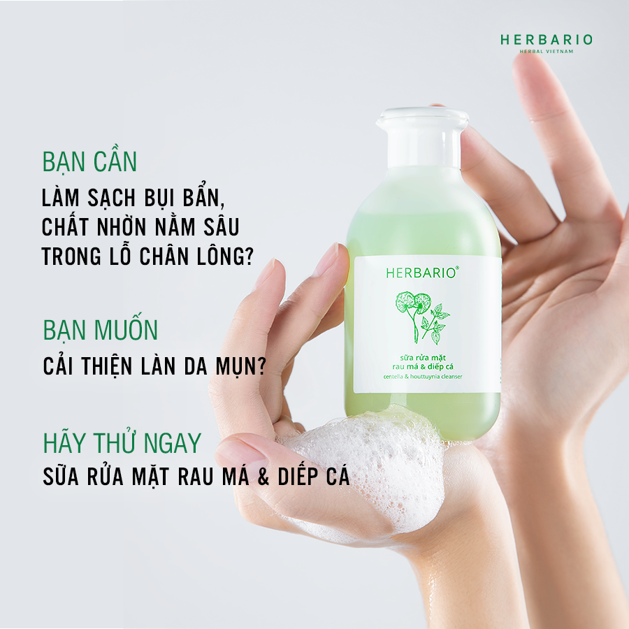 Sữa rửa mặt Rau má & Diếp cá herbario 200ml da dầu, ngăn ngừa mụn thuần chay