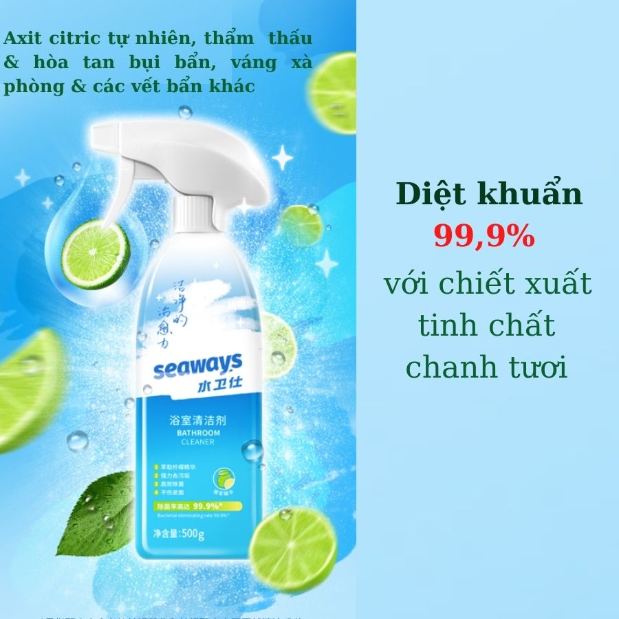 Chai Tẩy Cặn Canxi &amp; Bảo Vệ các bề mặt Kim Loại, Inox, Sứ Nhà Tắm - Toilet SEAWAYS 500ml