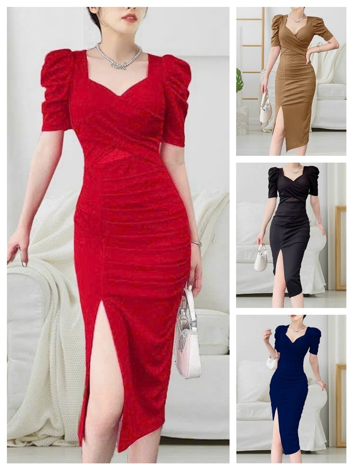Đầm body xếp ly xẻ tà tay phồng