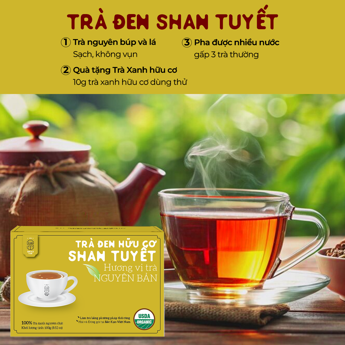 Trà Đen Loại đặc biệt | 100% Chứng nhận hữu cơ USDA Organic | Loại 1 búp 2 lá lên men | Thơm mạch nha, Đậm vị, ngọt hậu sâu 100g