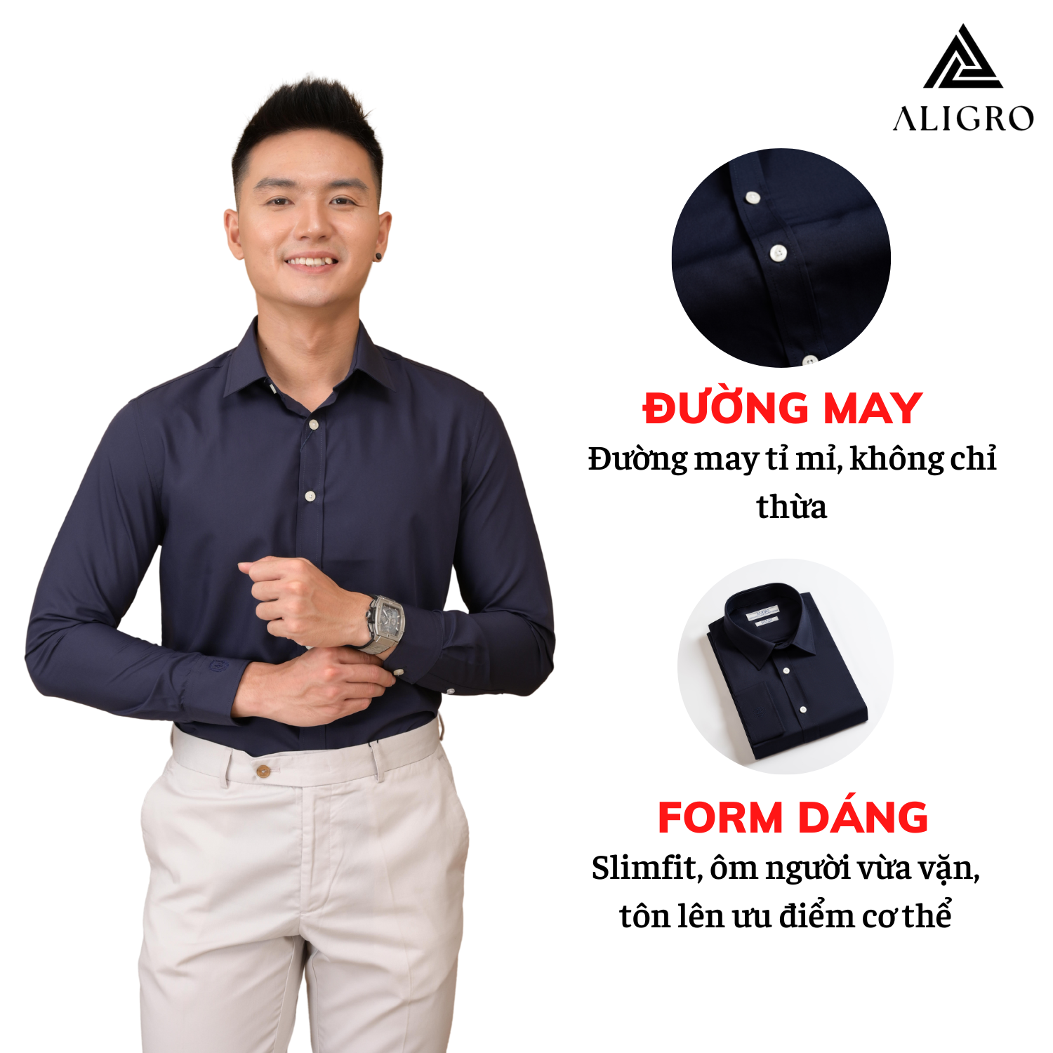 Áo sơ mi slimfit dài tay navy Aligro ALGS226