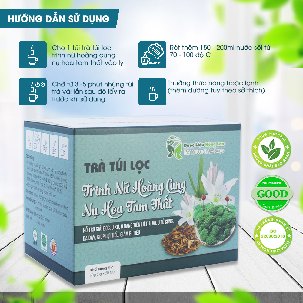 Trà Trinh Nữ Hoàng Cung & Nụ Hoa Tam Thất túi lọc hộp 60g Cty Dược Liệu Hồng Lan - Hỗ trợ giải độc, u xơ, u nang tiền liệt, u vú, u tử cung, dạ dày, giúp lợi tiểu, giảm bí tiểu
