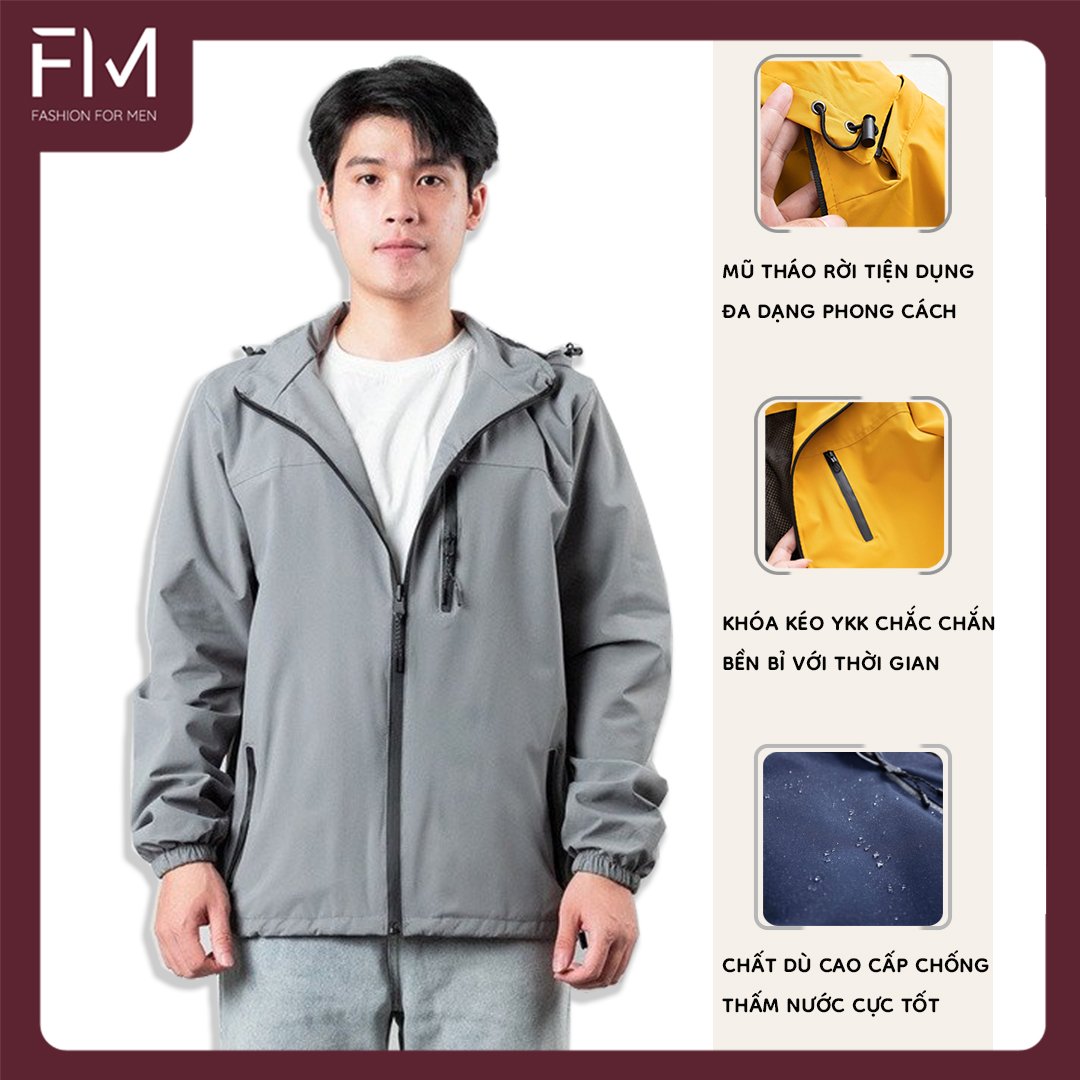 Áo khoác dù chống nắng nam, có 3 ngăn túi khóa kéo nón có thể tách rời tiện lợi - FORMENSHOP - FMTHT050