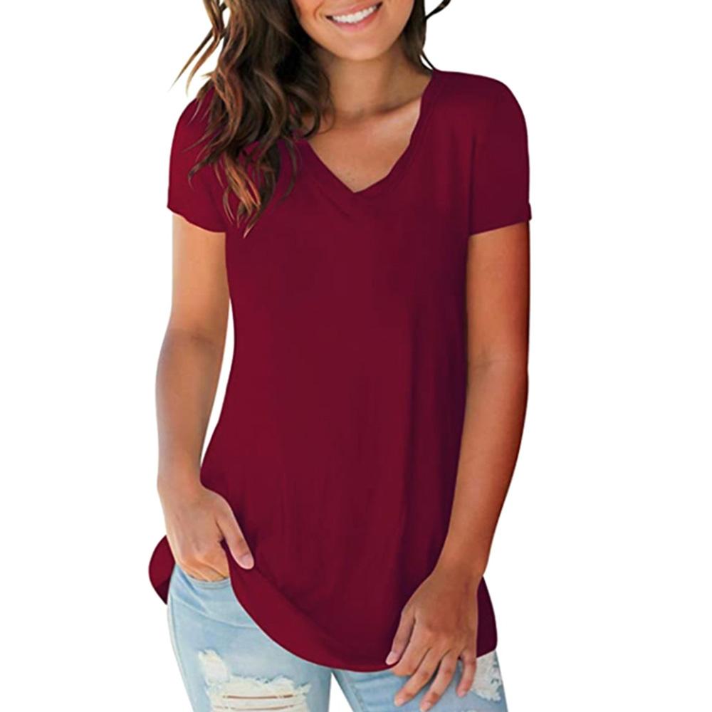 New Fashion Women T-shirt Solid Color V Neck Short Sleeve Rounded Hem Long Casual Party Wear Summer Tops