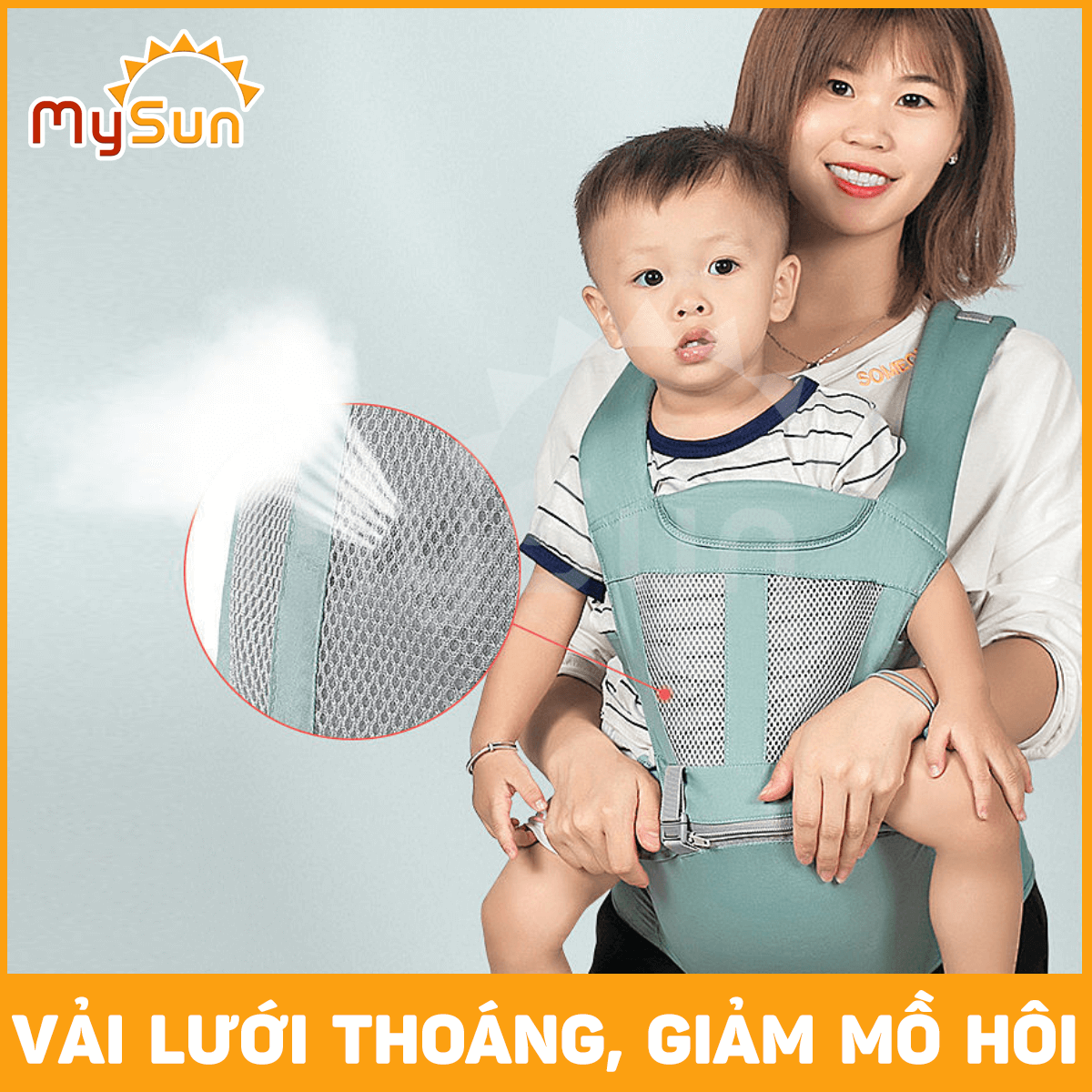 Đai địu vải lưới có bệ ngồi 4 tư thế cho trẻ sơ sinh, em bé 1 2 3 … 36 tháng tuổi đi xe máy MySun