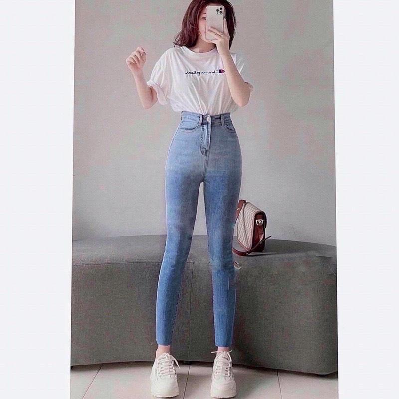 Quần Bò Jeans Nữ Skinny Loang 2 Màu - Quần Nữ Cạp Cao Dáng Ôm Trơn