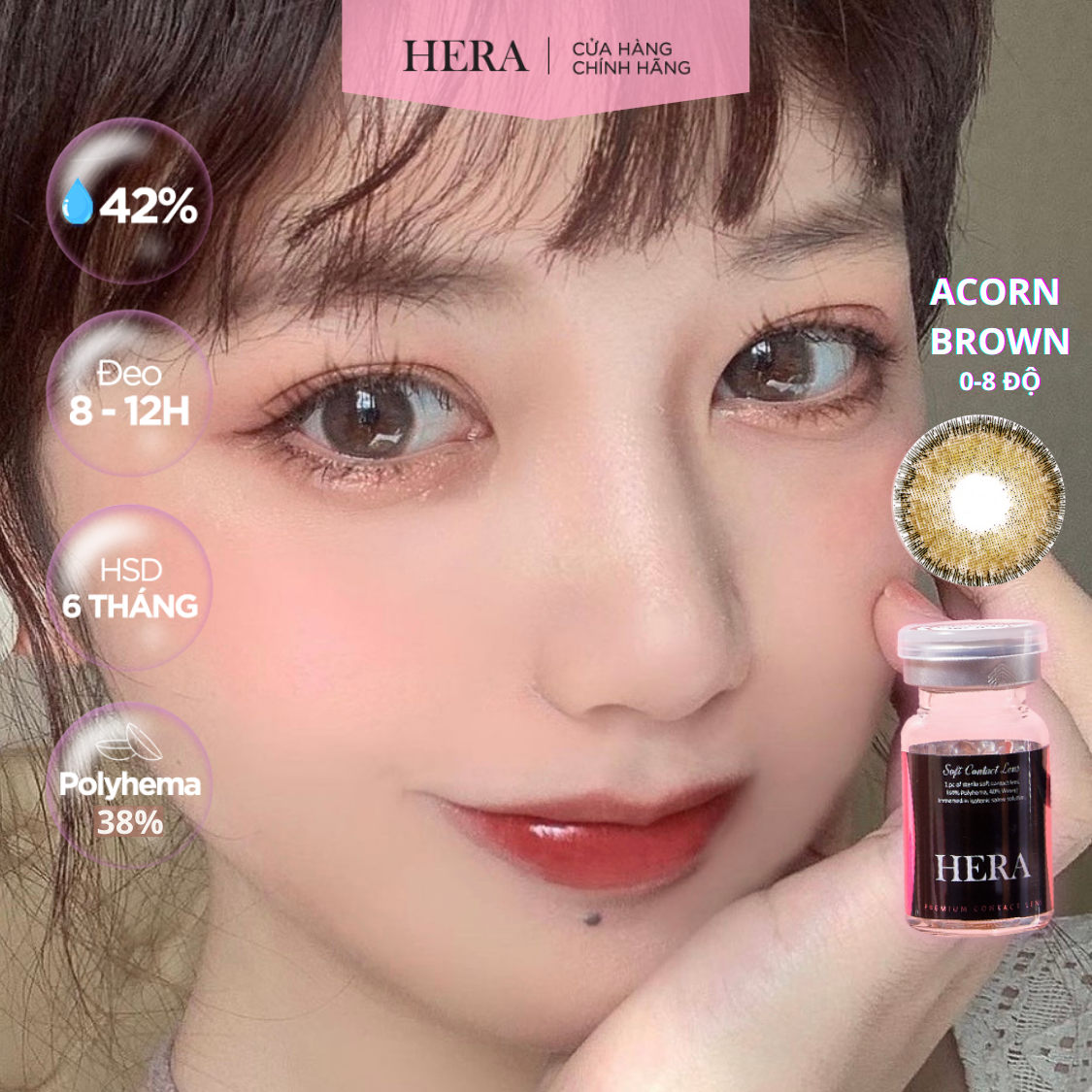 Kính Áp Tròng Hera Nâu Sồi Viền Đen 0 - 8 Độ ACORN BROWN Nhập Khẩu Hàn Quốc Lens Cận 6 Tháng