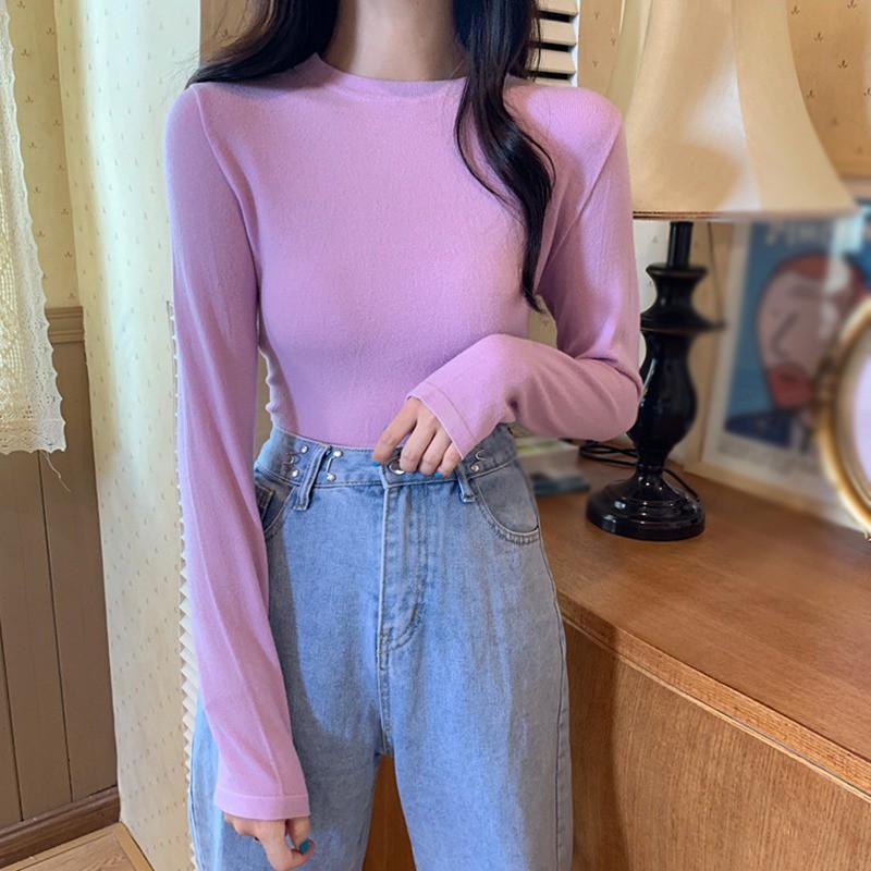 Áo Thun Tay Dài Cổ Tròn Màu Trơn Thiết Kế Đơn Giản Dành Cho Nữ