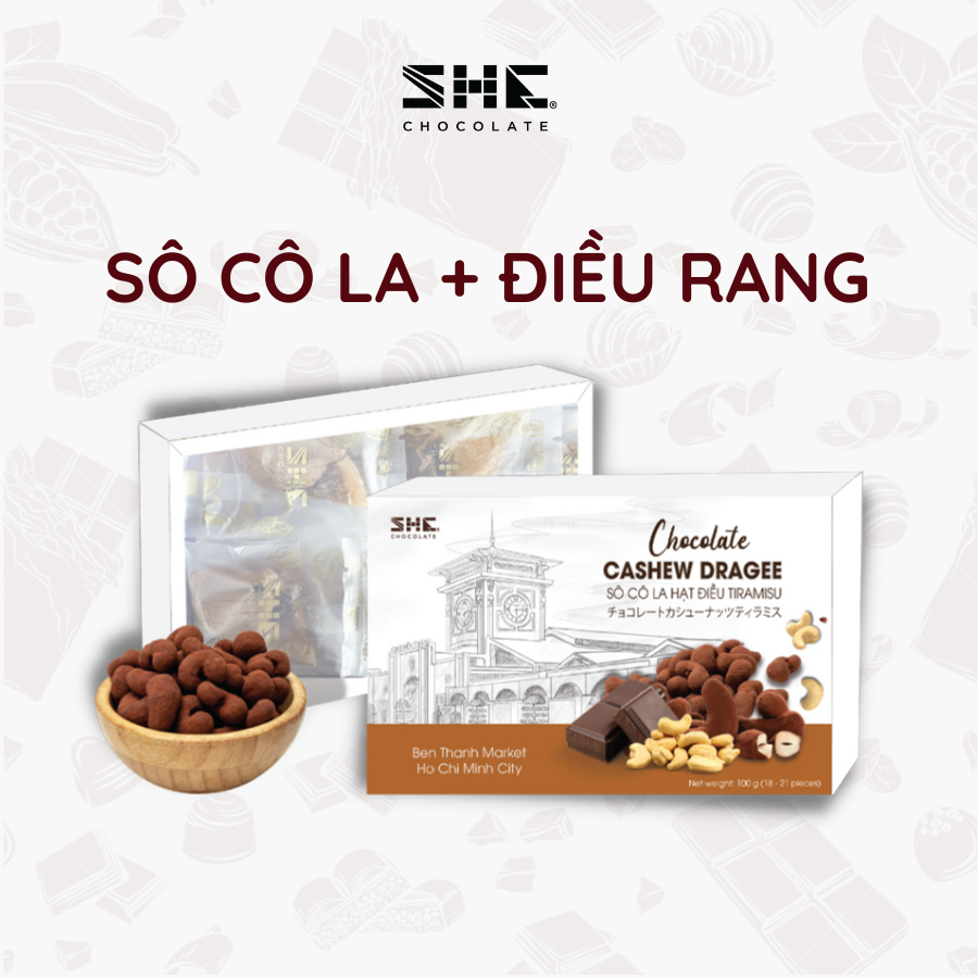 Socola hạt điều tiramisu hộp 100g SHE Chocolate - Quà tặng du lịch phong cảnh chợ Bến Thành Việt Nam