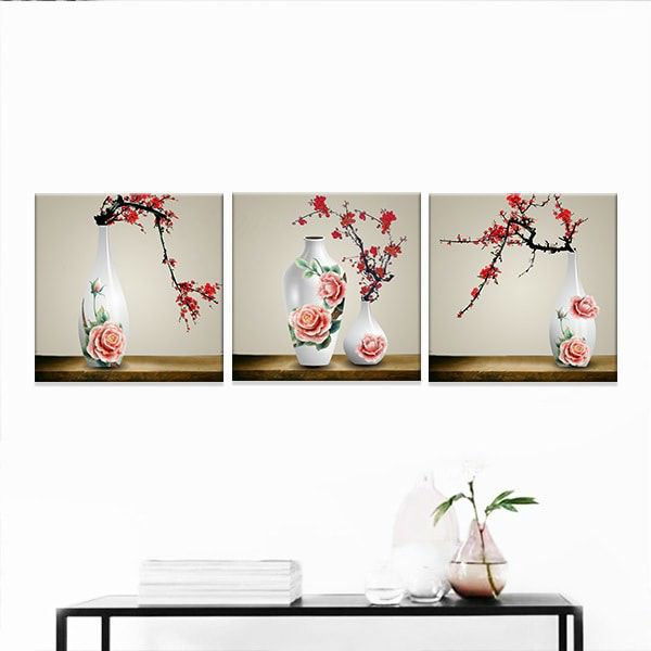 Bộ 3 Tranh Ép Gỗ MDF Trang Trí Hoa Đào W294