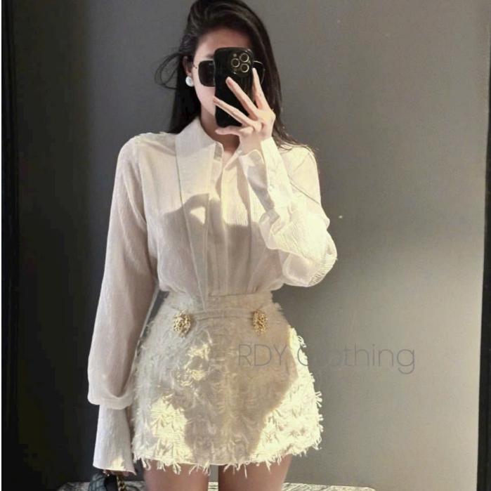 set áo sơ mi chân váy,áo sơ mi nữ tay dài phối chân váy chữ a chất dạ xù kèm tag T97 BY JOLIE - Trắng