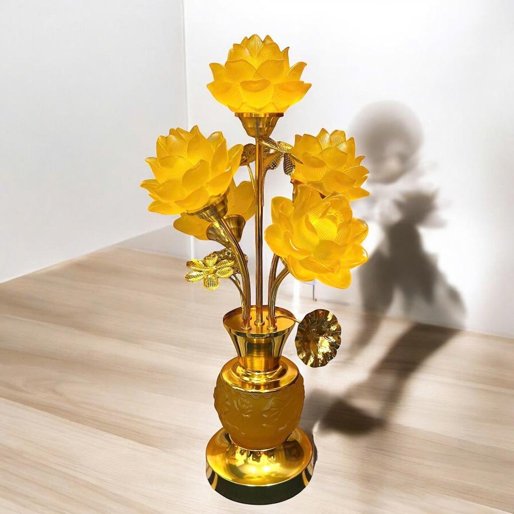 cặp đèn thờ 5 bông lưu ly sen nổi RỒNG VIỆT, Cặp đèn thờ thân hợp kim thiết kế cao cấp