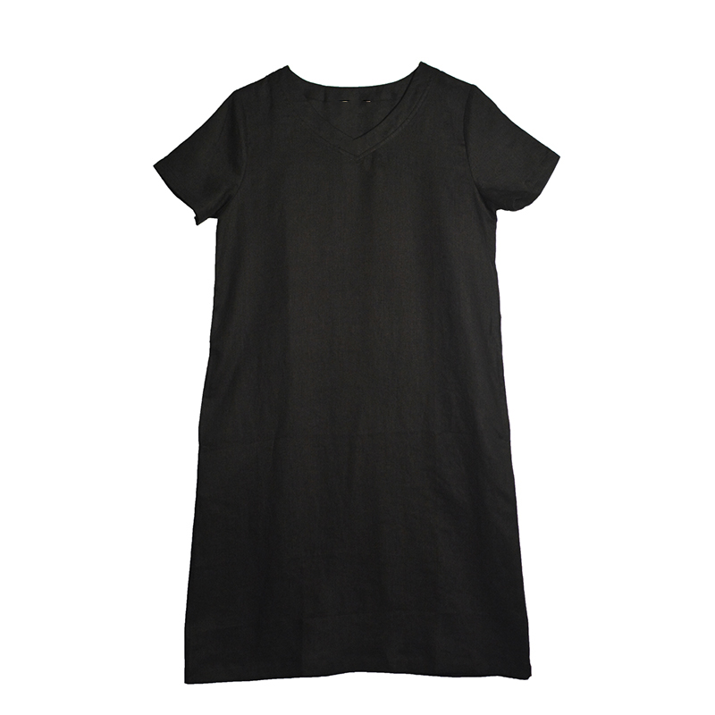 Đầm linen dáng suông cổ tim tay ngắn, kefm đai eo có túi sườn mẫu mới Đũi Việt Dv196