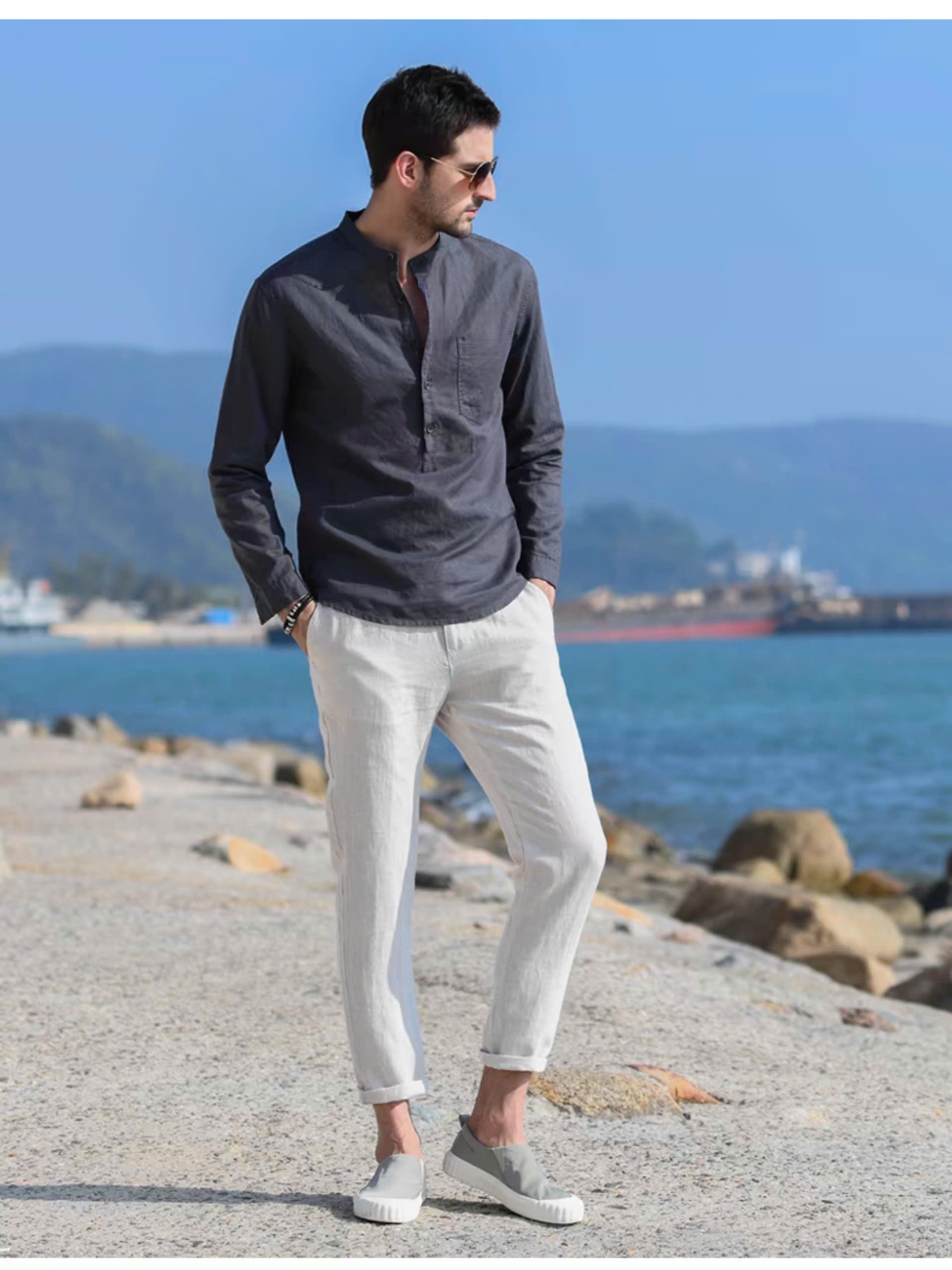 Sơ mi tay dài nam chất liệu linen mềm mịn, thấm hút mồ hôi, màu xanh than dễ mặc