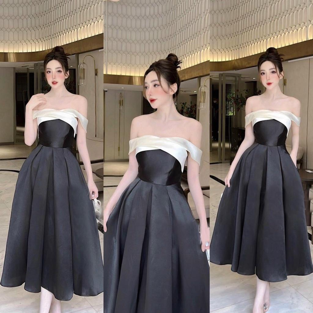 Đầm váy nữ trễ vai đan chéo với 2 màu truyền thống xinh xắn, sang trọng thích hợp cho các nàng đi dự tiệc