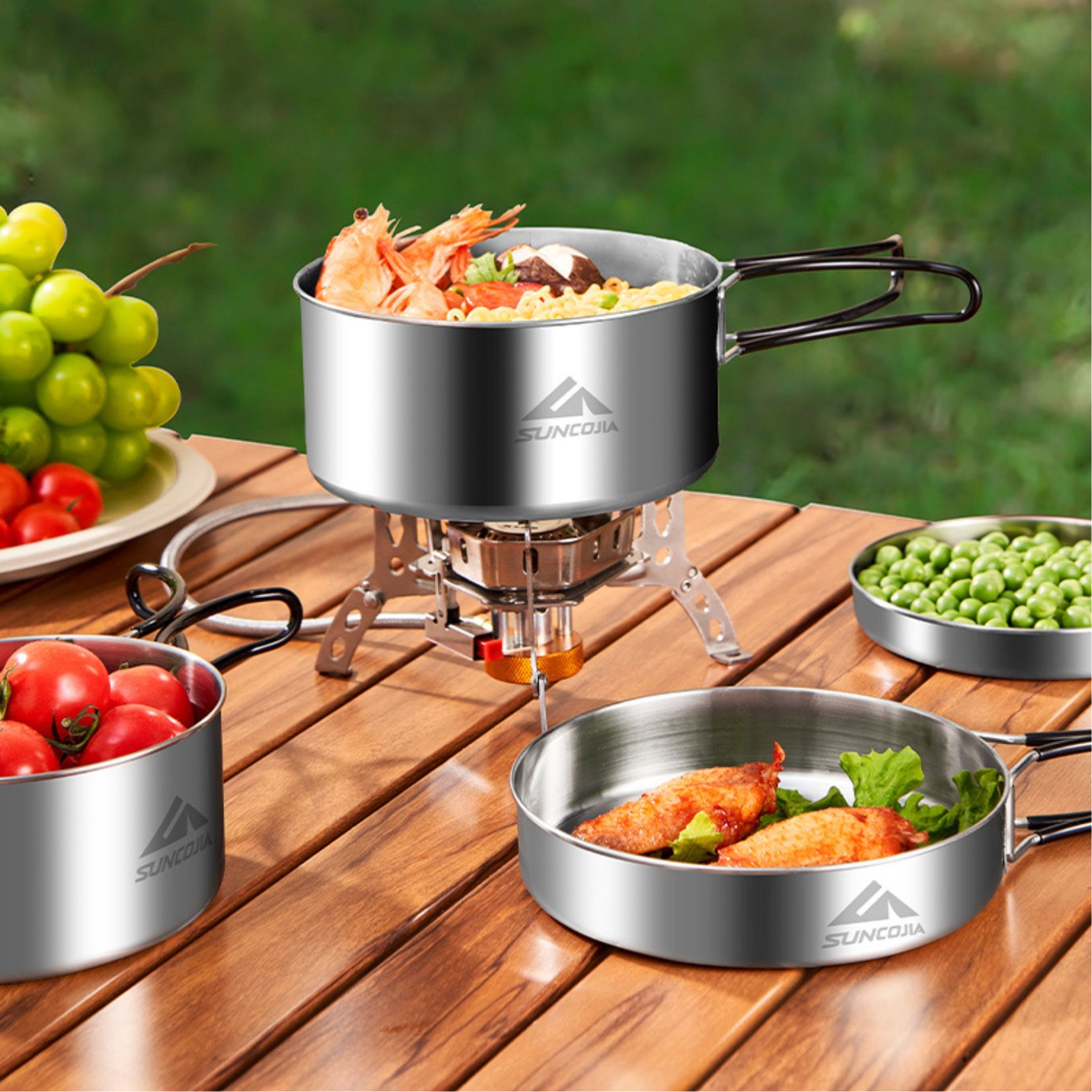 Bộ nồi gấp gọn dã ngoại Inox 304 Suncojia, bộ nồi cắm trại camping an toàn dễ mang theo