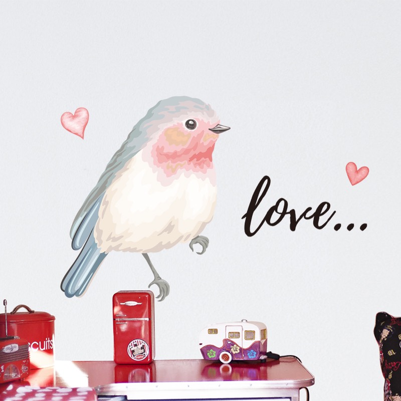 Decal trang trí tường - Chú chim hồng nhạt và chữ Love