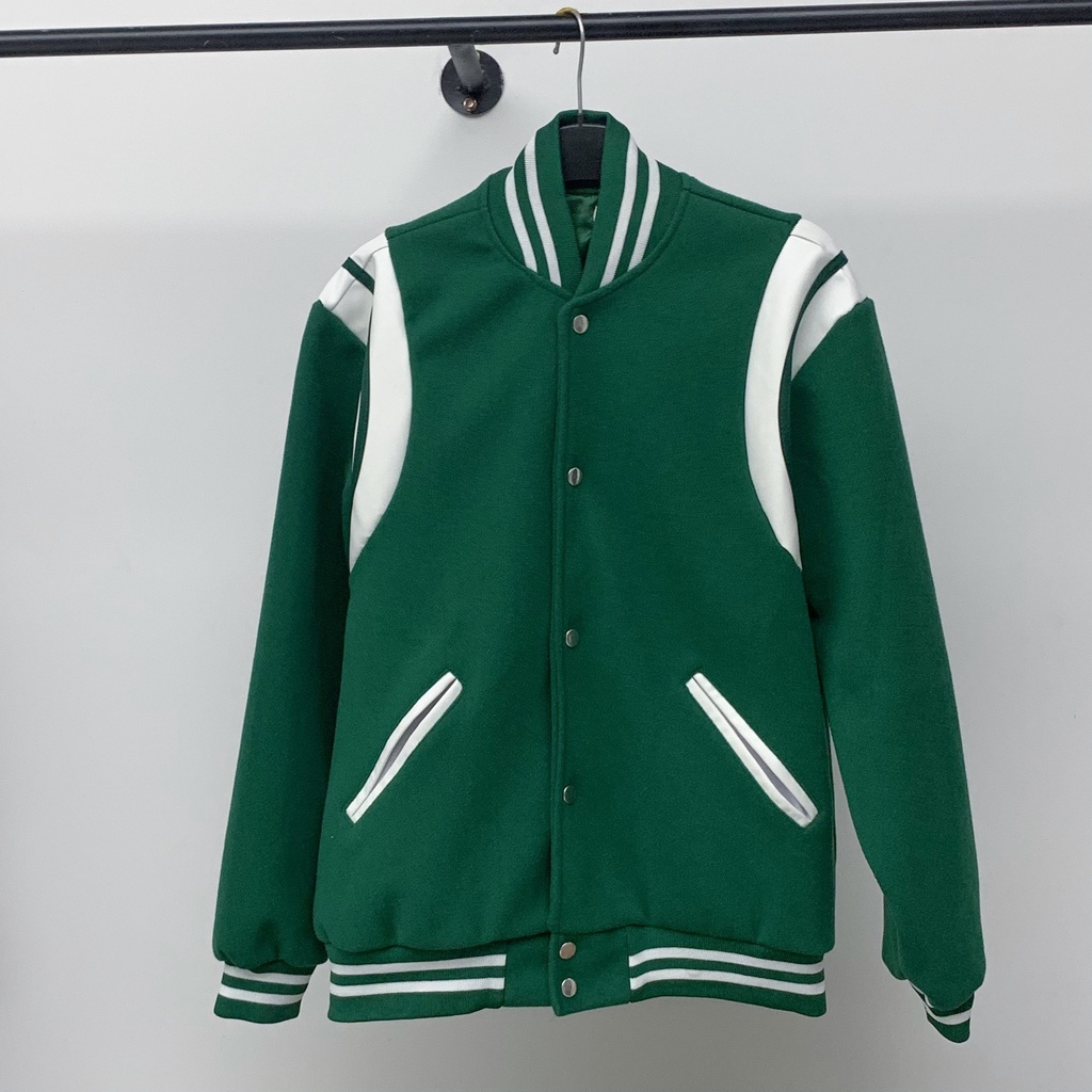 Bomber teddy tay phối da , varsity jacket nam nữ chất dạ 2 lớp , áo khoác bóng chày local brand unisex - Gin Store - M