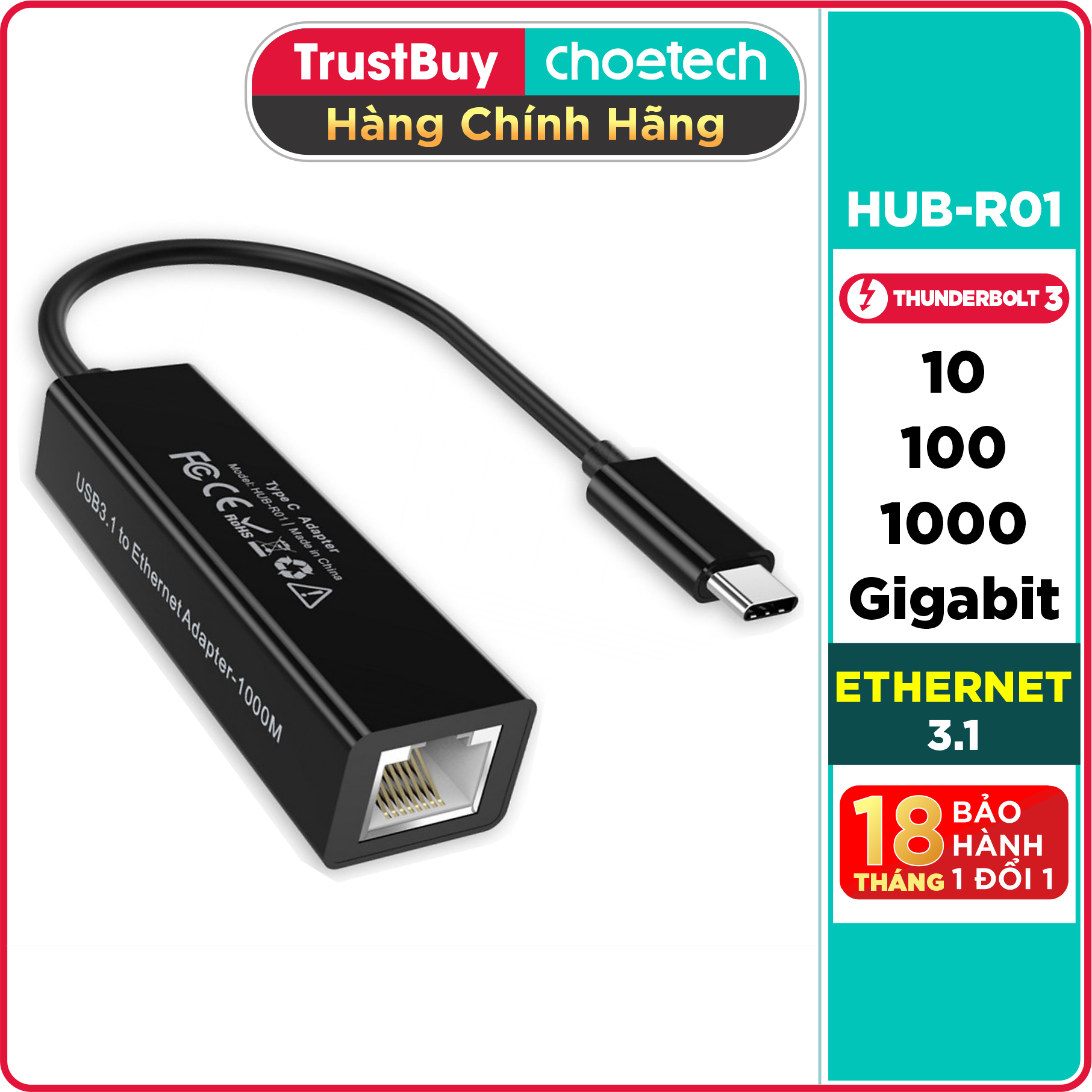 Bộ Chuyển Đổi Mạng LAN Ethernet 3.1 Type C to RJ45 10/100/1000 Gigabit CHOETECH HUB-R01 - Hàng Chính Hãng