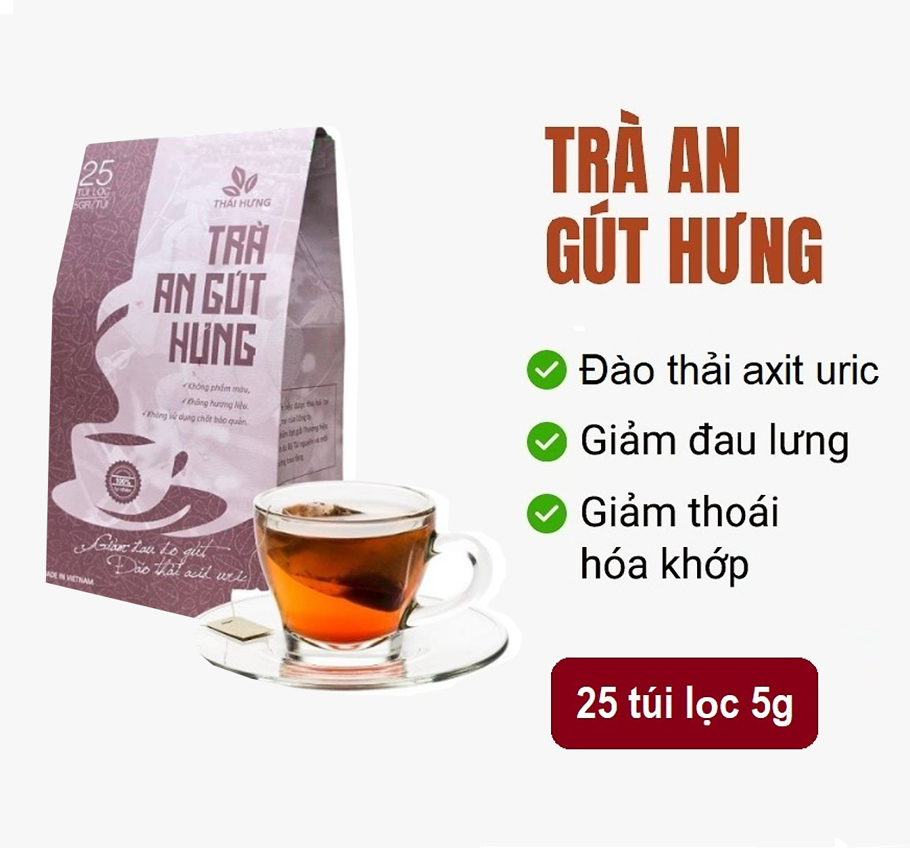 Trà An Gút Hưng Thái Hưng 25 túi lọc x 05g - Hỗ trợ bệnh gút, giảm đau, viêm khớp do bệnh gút, đào thải axit Uric