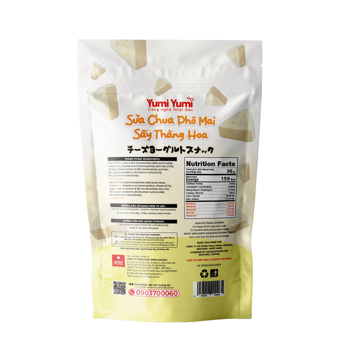 Sữa chua Phô mai sấy thăng hoa Yumi Yumi Asuzac gói 36g (12g x 3 gói)