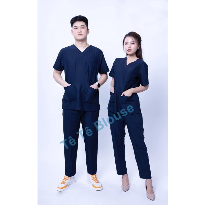 Bộ SCRUBS cổ tim phòng mổ, đồng phục phẫu thuật, Spa, phòng khám, Bác Sĩ, màu TÍM THAN, chất vải LON HÀN và vải Cao cấp