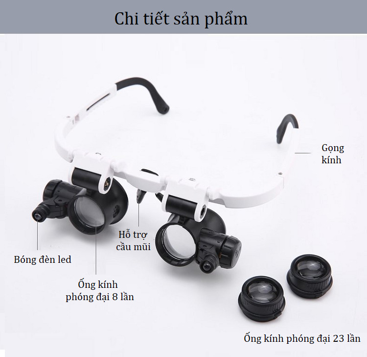 Kính lúp đeo mắt phóng đại 8X-15X-23X có đèn led chiếu sáng mạnh ( Tặng kèm bộ 6 con bướm dạ quang phát sáng )