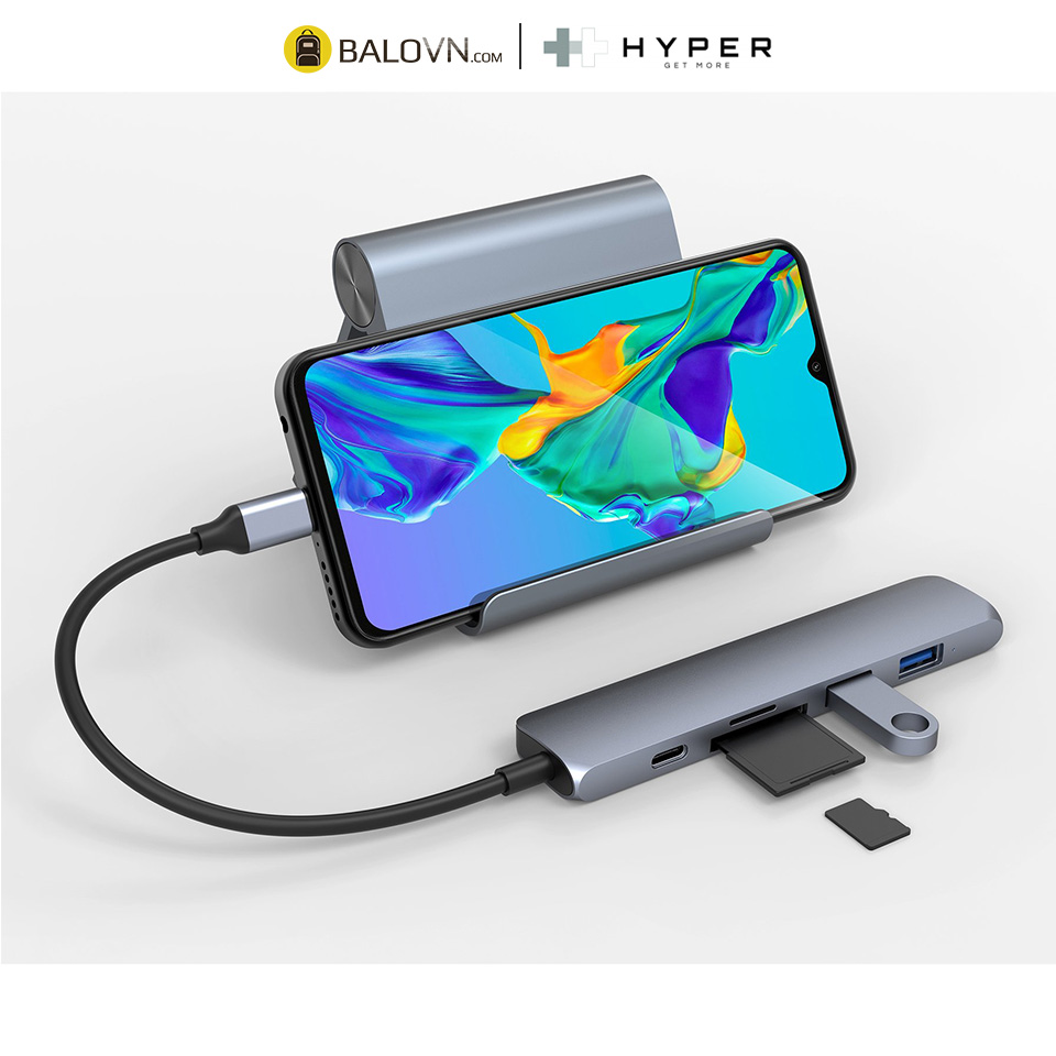 Cổng Chuyển Type-C Hyperdrive HDMI 4K Bar 6 In 1 USB-C Hub for Macbook, Ipad PC & Devices (HD22E) - Hàng Chính Hãng