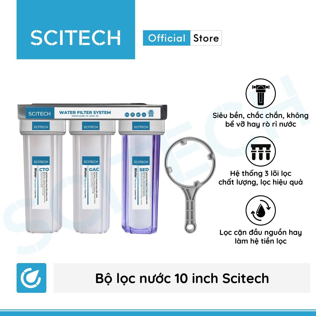 Bộ lọc nước thô đầu nguồn 3 cấp lọc 10 inch by Scitech - Hàng chính hãng