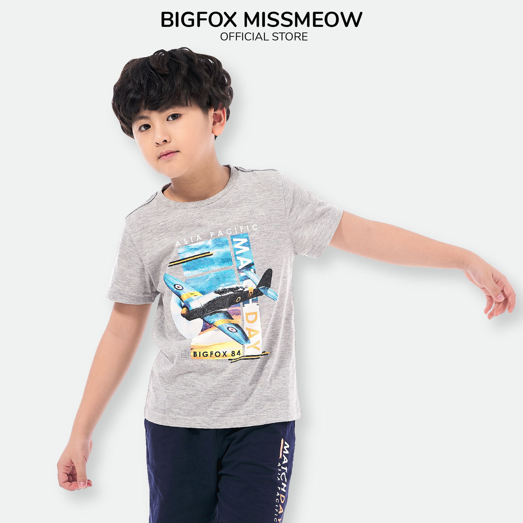 Đồ bộ bé trai cộc tay BIGFOX - MISS MEOW size đại chất cotton phong cách Âu Mỹ  in máy bay MATCH DAY 10 - 37 kg QATE