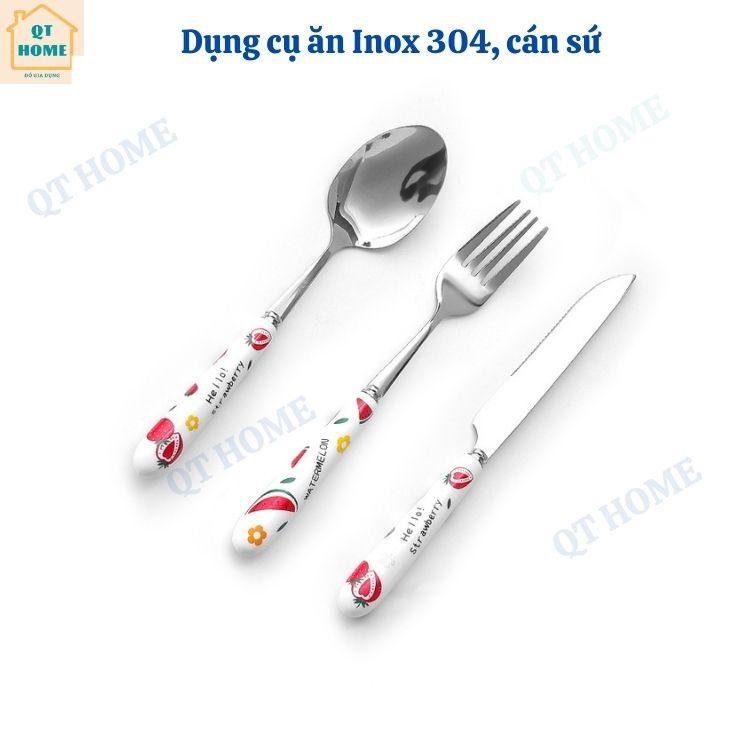 Thìa Muỗng, Dĩa Nĩa, Dao Ăn, Đũa, Chất Liệu Inox 304 và Sứ, Họa Tiết Dâu Tây, Dưa Hấu