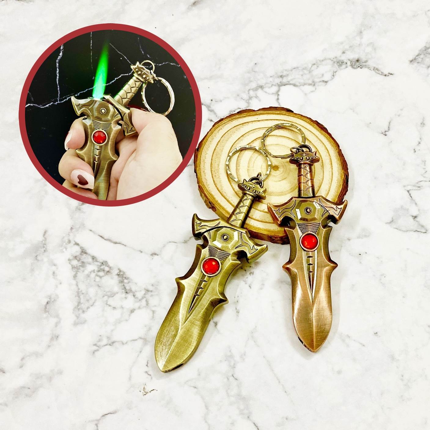 Hột quẹt bật lửa khè móc khóa hình thanh ngọc đỏ kim loại