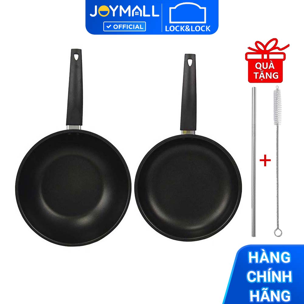 Bộ 2 Chảo Nhôm Chống Dính Easy Frypan Lock&amp;Lock 2P Set LEY1243S2 Không Dùng Trên Bếp Từ - Hàng Chính Hãng Tăng Combo Ống Hút + Cọ Rửa