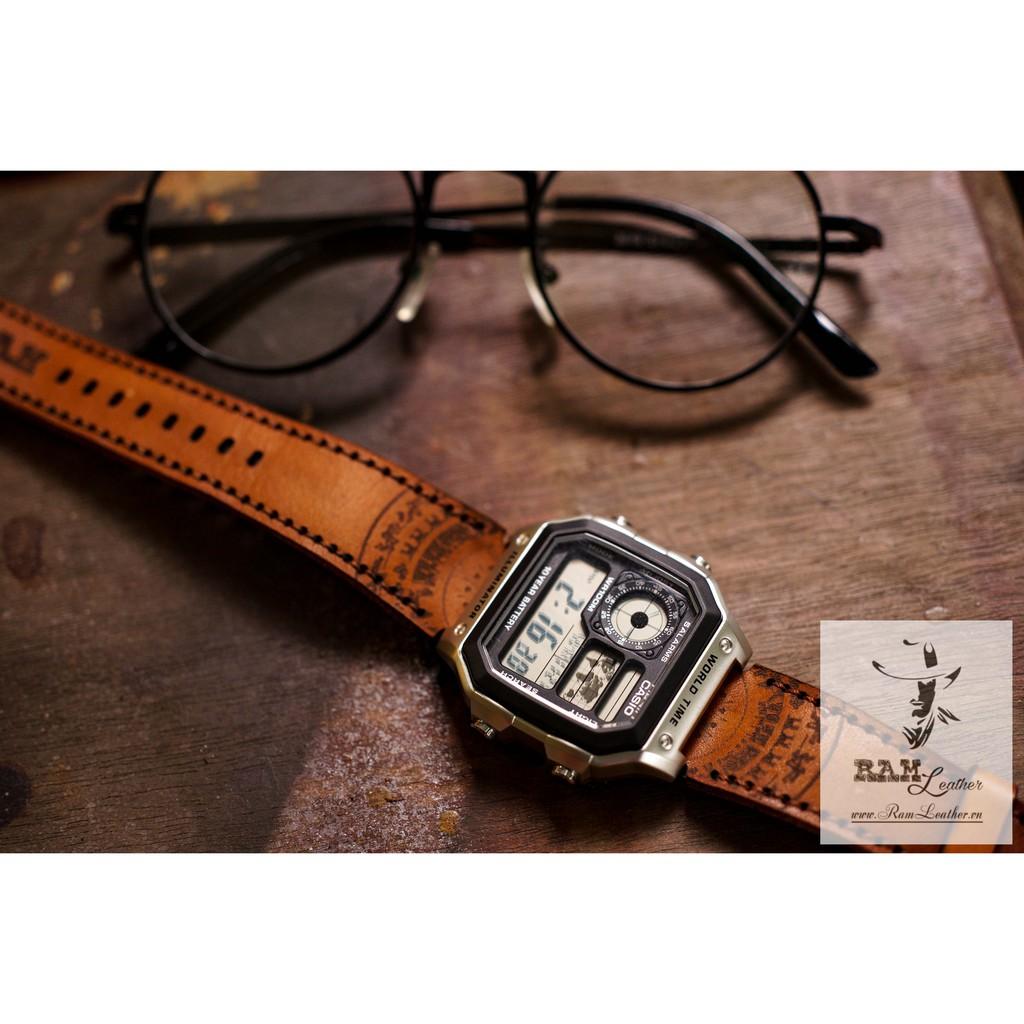 DÂY ĐỒNG HỒ CASIO AE1200/SEIKO5 TRỐNG ĐỒNG LIGHT BROWN SÁNG DA BÒ THẬT