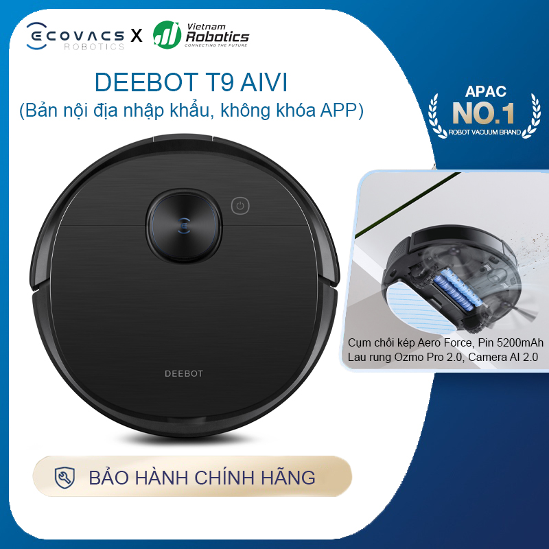 Robot hút bụi lau nhà Ecovacs Deebot T9 AIVI - hàng nhập khẩu chính hãng full VAT, bảo hành chính hãng 24 tháng bởi Vietnam Robotics, lực hút 3000Pa, thời gian hoạt động 3 giờ liên tục