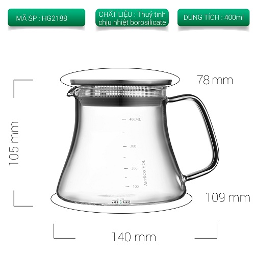 Bình pha cà phê thủy tinh chịu nhiệt Tiamo 400ml nắp inox