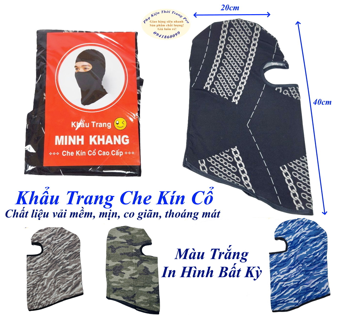 KHẨU TRANG TRÙM ĐẦU Kiểu ninja Chất liệu vải siêu mềm mịn Co giãn Chống nắng Chống bụi Thương hiệu MINH KHANG