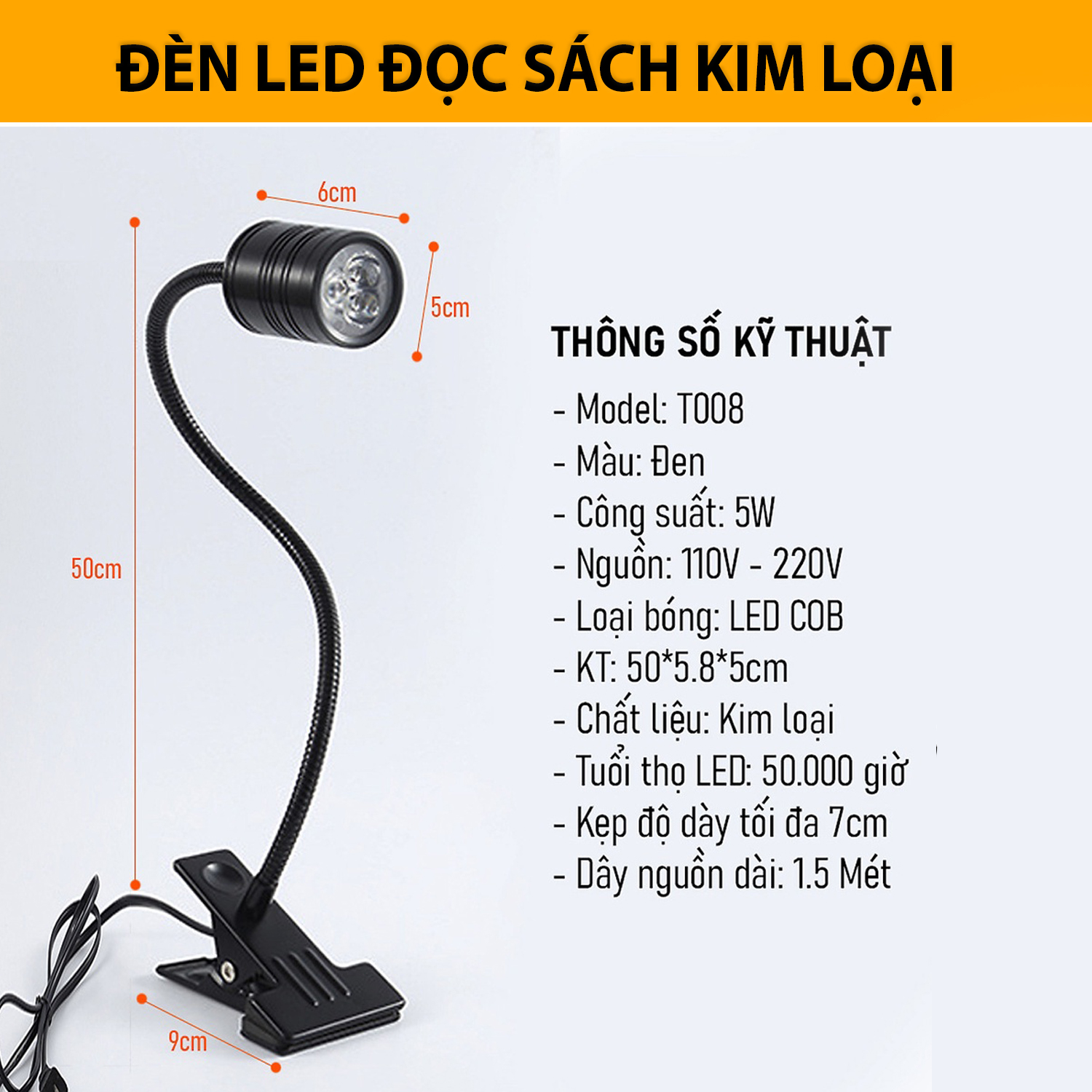 Đèn kẹp đọc sách đầu giường BOLUX 5W-220V, Bóng Led COB ánh sáng chiếu rọi tập trung, Thân đèn Kim loại uốn 360 độ