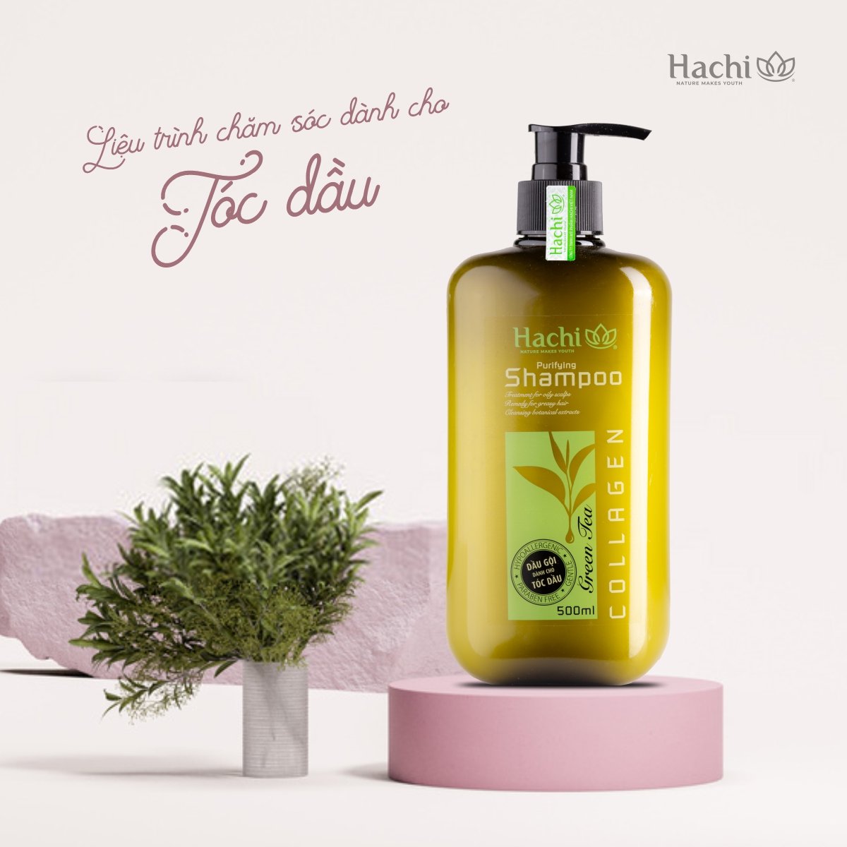 Bộ sản phẩm dầu gội - xả HACHI dành cho tóc dầu Greentea - Purifying