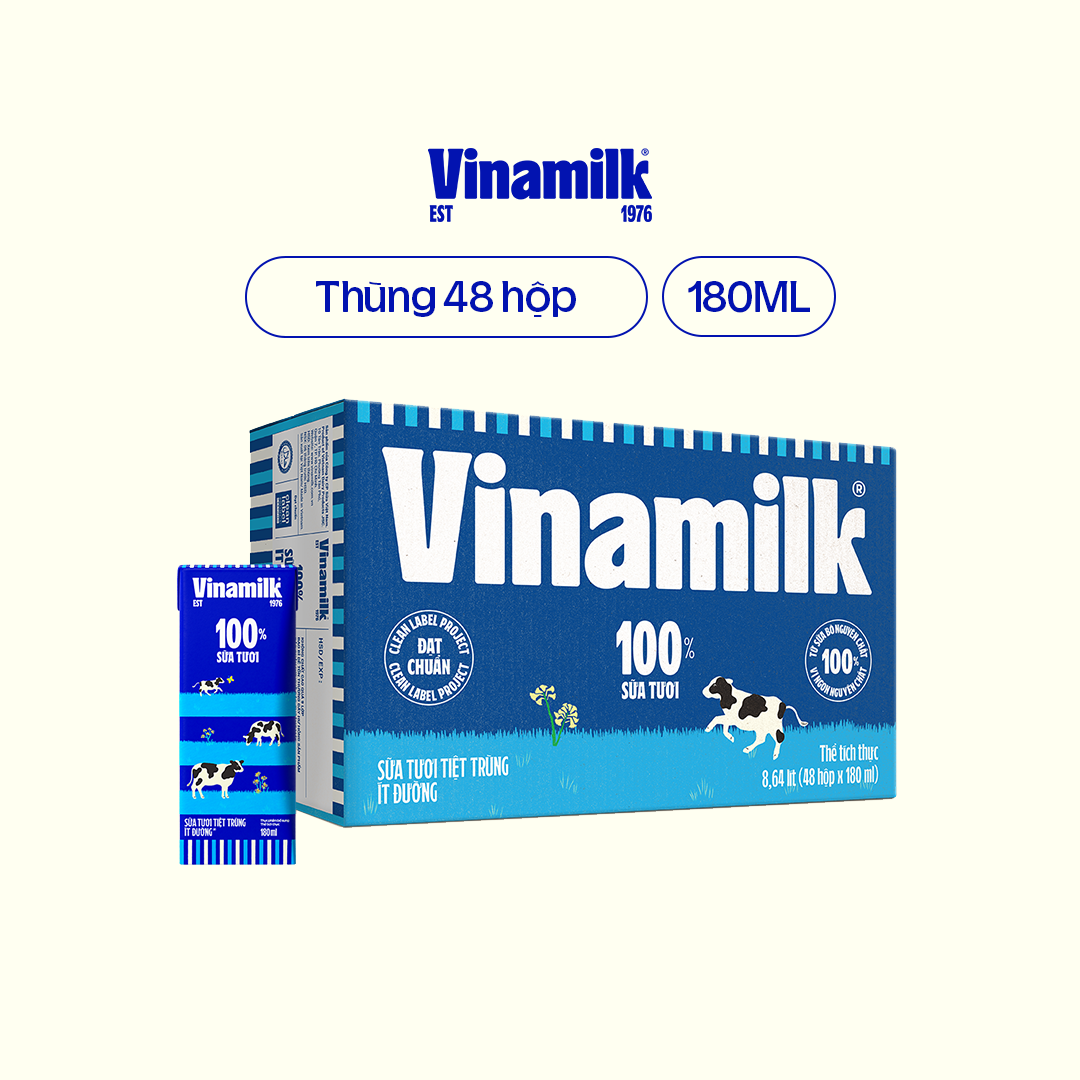 Sữa tươi tiệt trùng ít đường Vinamilk  -  Thùng 48 hộp 180ml