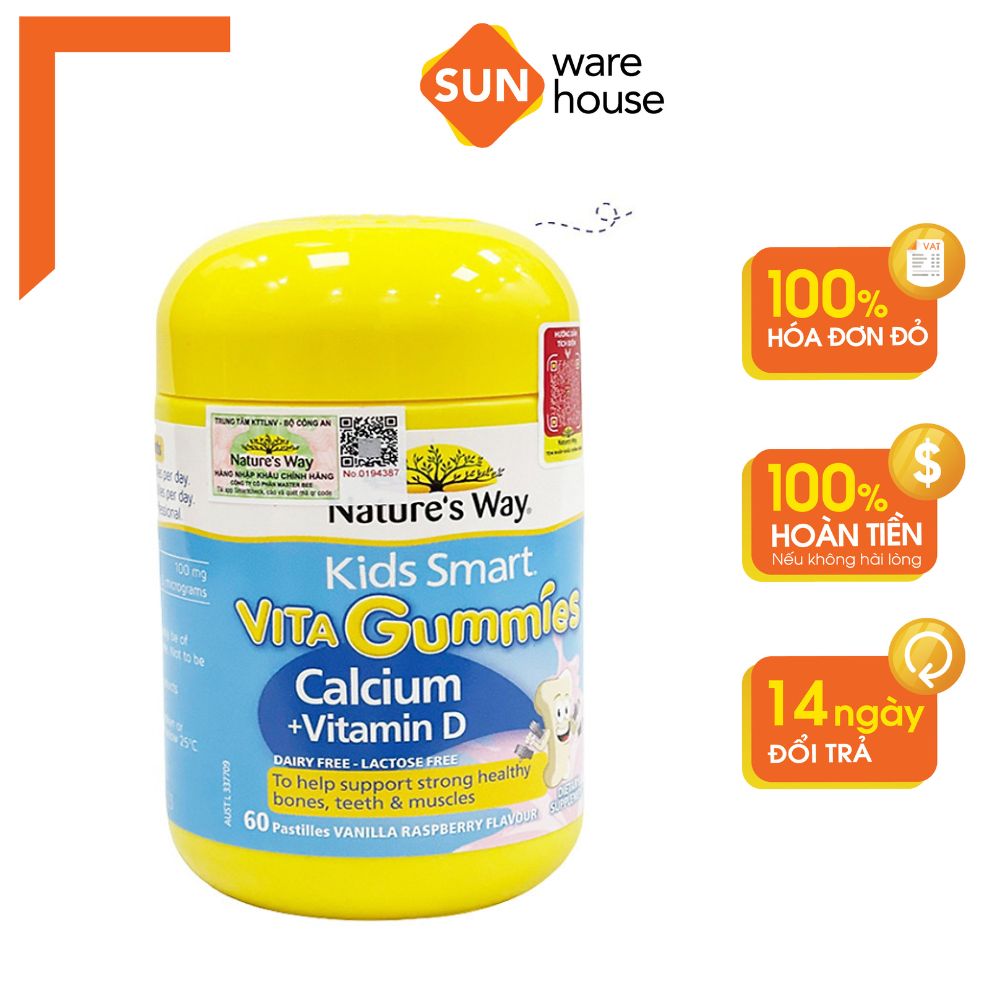 Kẹo Dẻo Canxi Cho Bé Nature’s Way Kids Smart Vita Gummies Calcium + Vitamin D Lọ 60 Viên