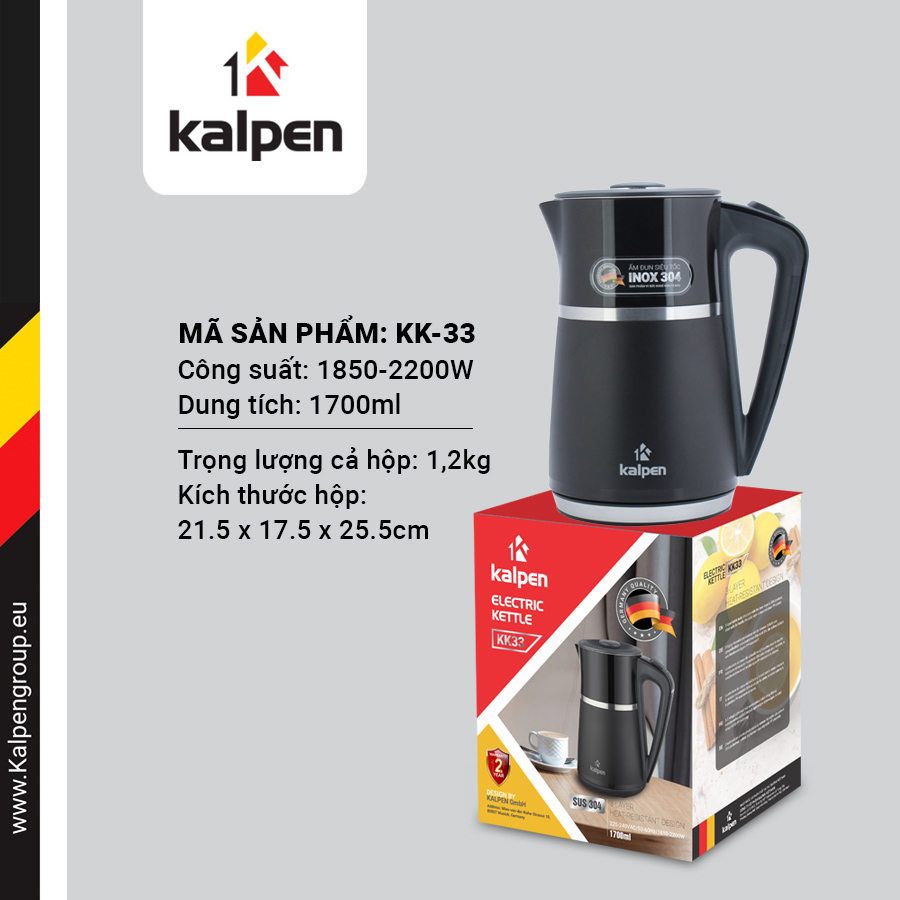 Ấm Đun Nước Siêu Tốc 3 Lớp Kalpen, 1.7L-2200W, Hàng Chính Hãng