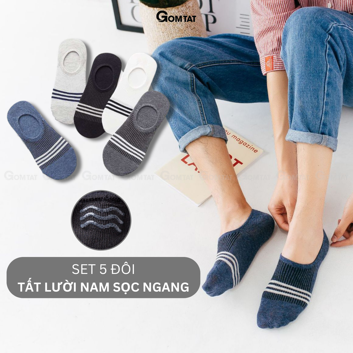 Vớ Lười Nam Mẫu 3 Sọc Ngang, Tất nam đi Giày Lười cotton có đệm cao su chống tuột FIVE-LUOI-SOCNGANG