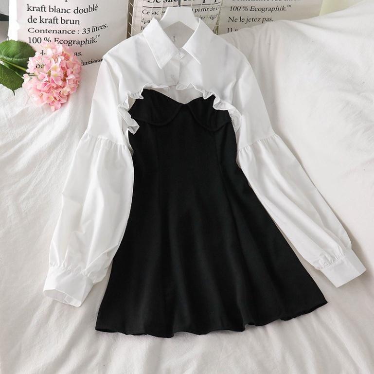 Set Đầm Ôm Hai Dây Và Áo Sơ Mi Tay Phồng Thời Trang Gợi Cảm Cho Nữ