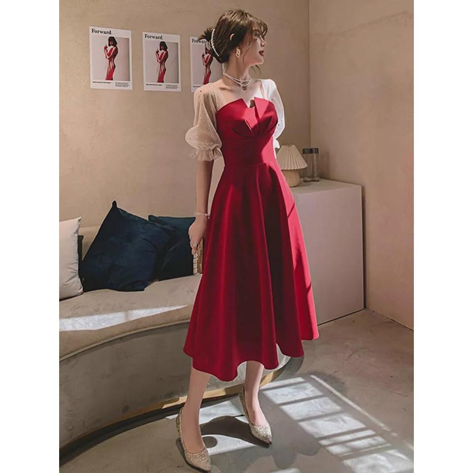 Đầm xoè tiểu thư xếp ly ngực phối tay lưới kim sa
