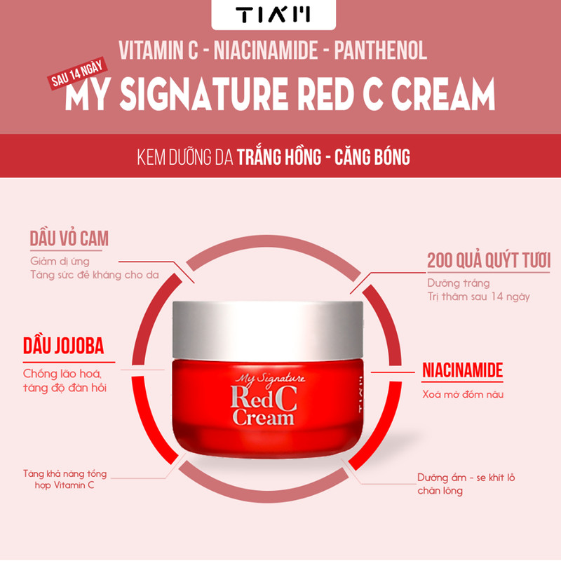 Kem Dưỡng Vitamin C Làm Trắng Da, Mờ Thâm Nám Tiam My Signature Red C Cream 50ml + Mặt nạ 3D Foodaholic