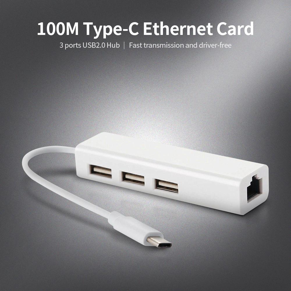 Bộ chuyển đổi USB 2.0 Type-C 3 cổng HUB Fast Ethernet RJ45  mở rộng thẻ mạng 100Mbps cho Macbook