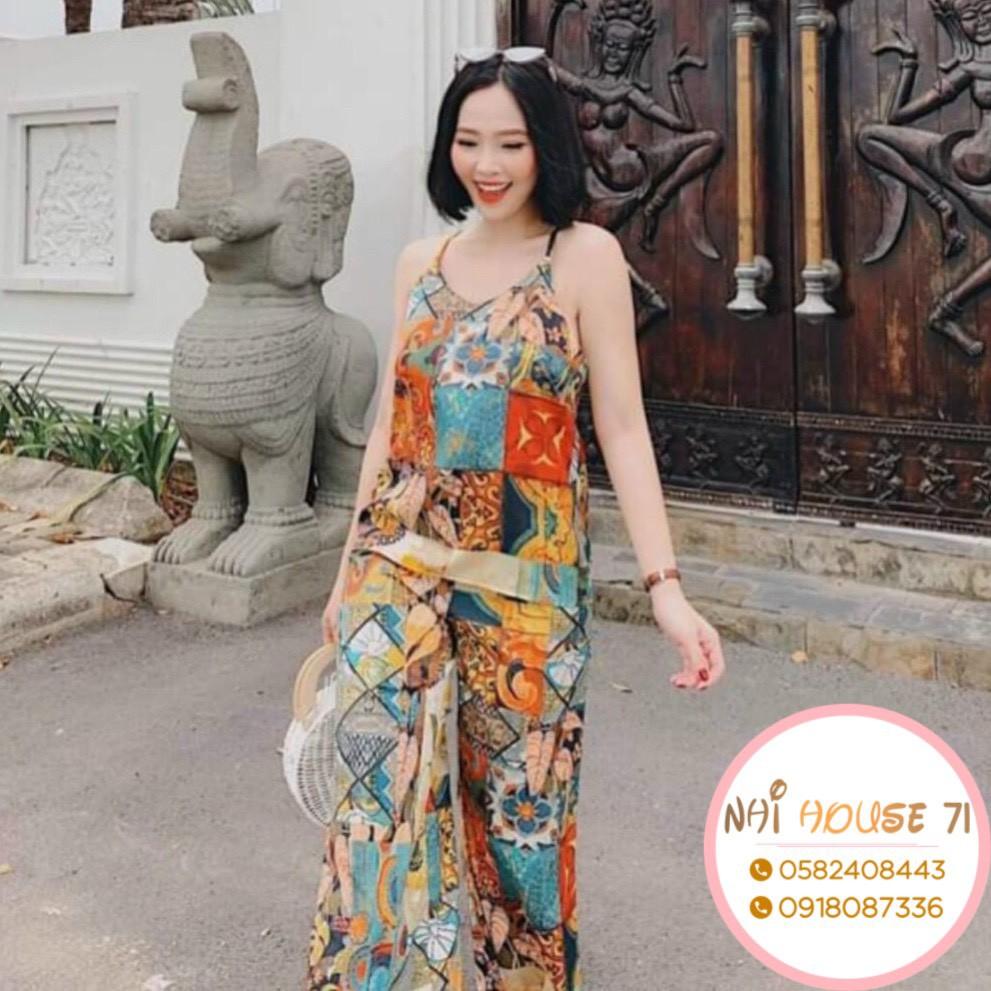 Set Bộ Thổ Cẩm NHIHOUSE71 Áo 2 Dây Cổ V Lưng Yếm Quần Ống Suông Freesize Dưới 55kg